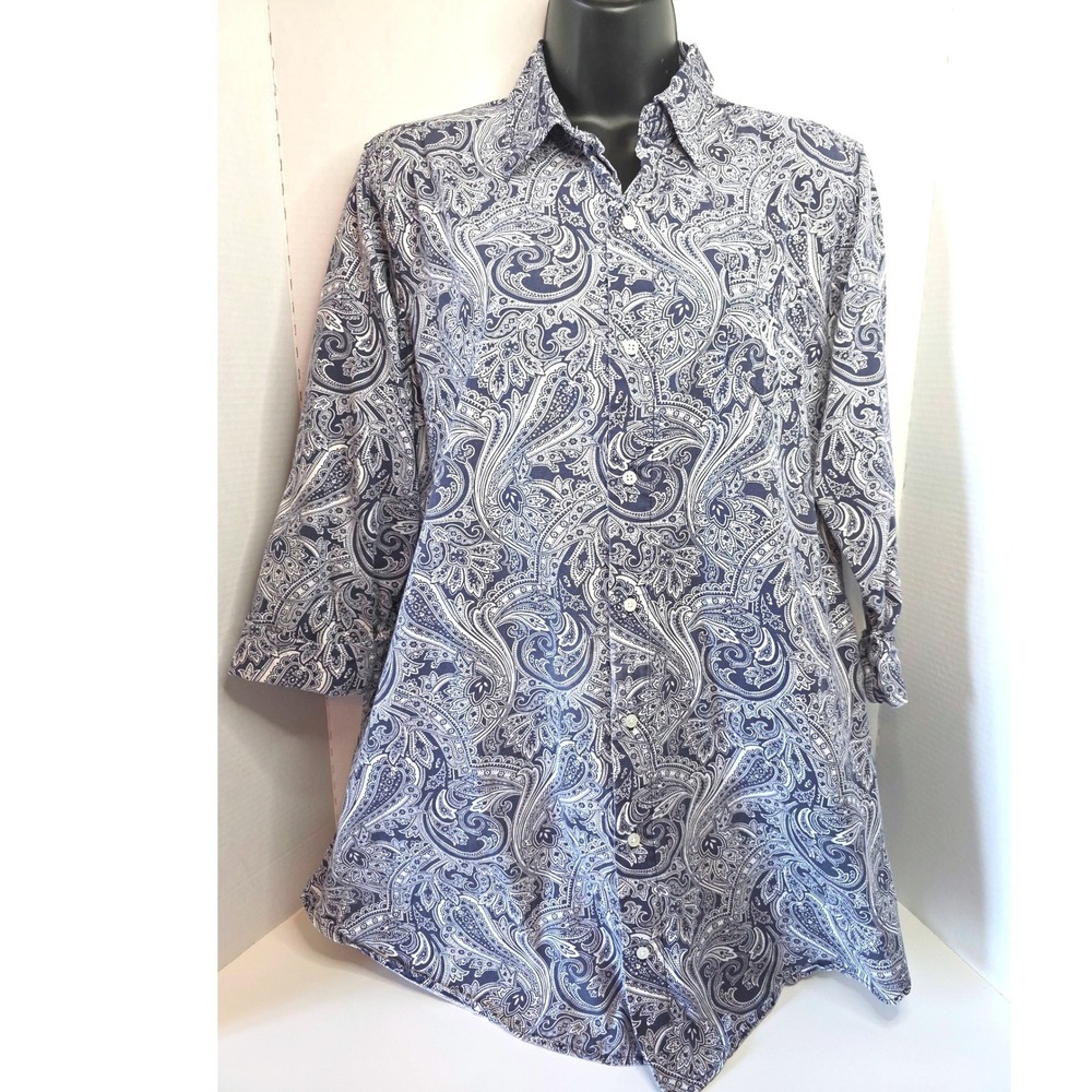 VTG‎ Lauren Ralph Lauren Paisley Print Button Down Shirt Tunic Blue Wht SZ M 3/4